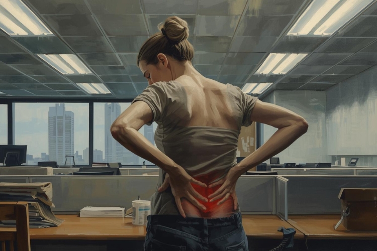 Digitalna ilustracija žene u kancelariji koja drži donji deo leđa zbog bola, sa naglašenim crvenim područjem koje simbolizuje posledice koje izaziva loše sedenje.