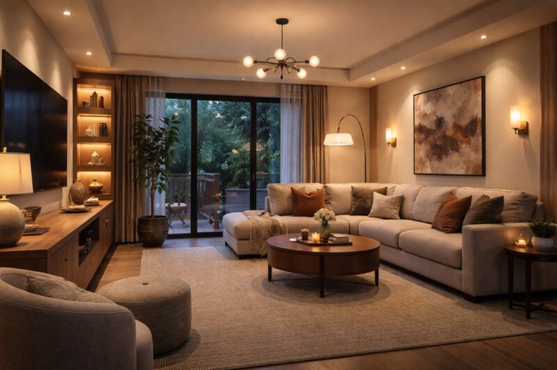 Uređen dnevni boravak sa ugaonom sofom, drvenim nameštajem i više izvora rasvete uključujući plafonsku lampu, zidne lampe i podnu lampu