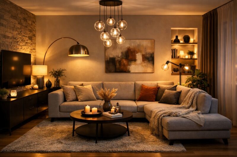 Uređen dnevni boravak sa sivom ugaonom garniturom, dekorativnim jastucima i više izvora tople rasvete uključujući luster, podnu i stonu lampu
