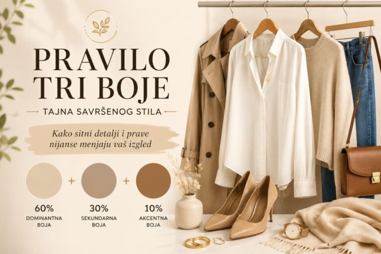 slika u krem tonovima prikazuje modni kolaž sa garderobom i aksesoarima uz naslov „Pravilo tri boje“, objašnjavajući formulu 60%, 30% i 10% za skladno kombinovanje boja u odevnim kombinacijama