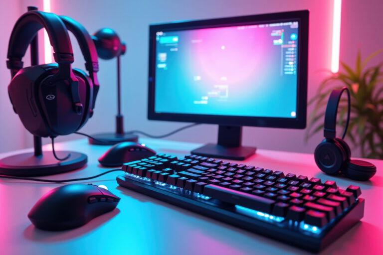 Gaming setup sa monitorom, mehaničkom tastaturom, mišem i slušalicama osvetljen plavim i roze ambijentalnim svetlom