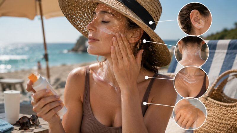 Žena nanosi kremu sa SPF zaštitom na lice, vrat i druge delove kože tokom boravka na suncu
