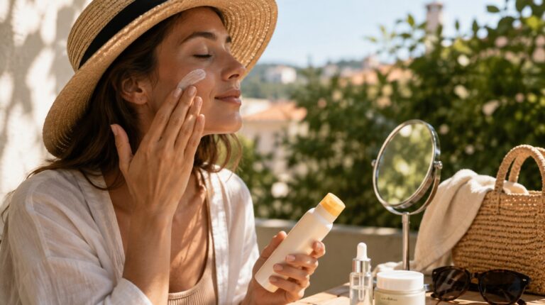Žena nanosi kremu sa SPF zaštitom na lice dok nosi šešir i boravi na otvorenom