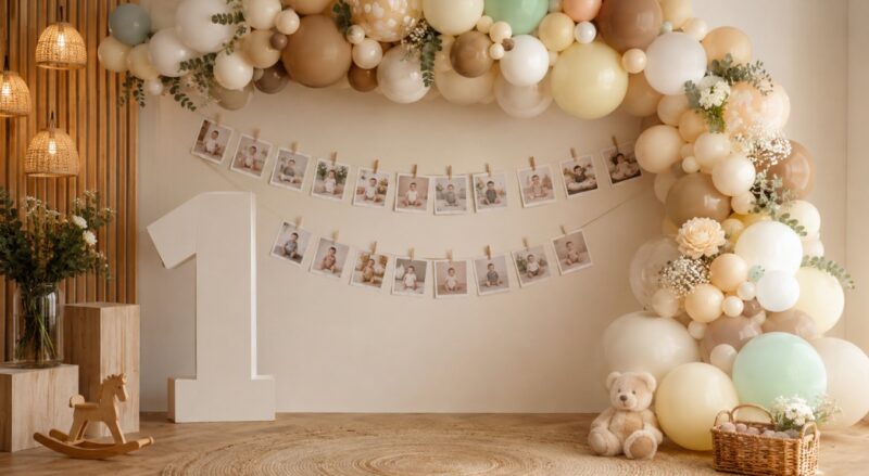 Photo corner za prvi rođendan sa balonskim lukom, fotografijama iz prvih 12 meseci i velikim brojem jedan