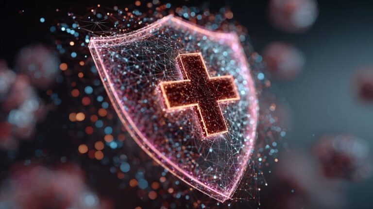 Digitalna ilustracija zaštitnog štita sa medicinskim krstom kao simbol snažnog imunskog sistema.