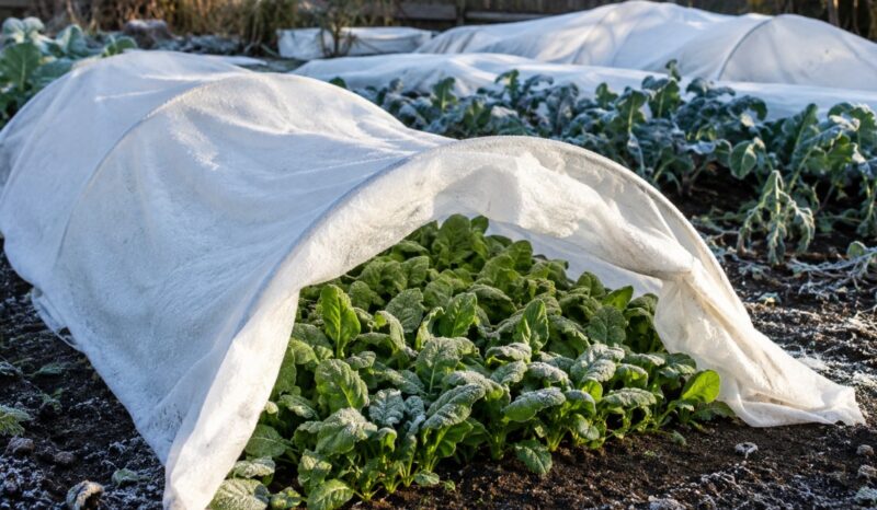 Niska zaštita od agrotekstila prekriva mlado lisnato povrće u bašti i štiti ga od hladnoće, mraza i vetra
